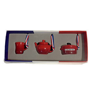 Le Creuset Christmas Mini Ornament Cerise Red Set of 3 Mug Teapot Dutch Oven NWT